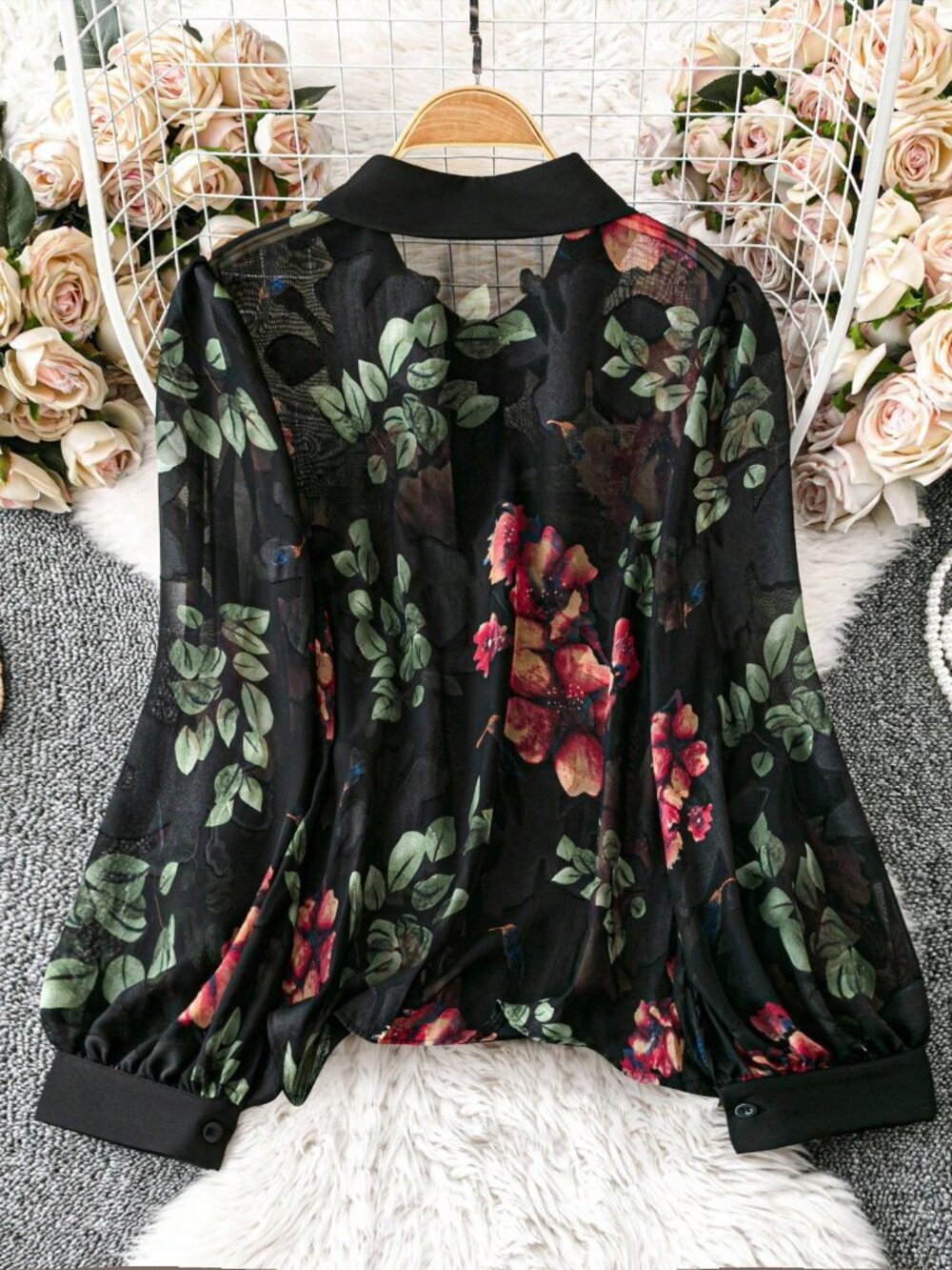 Black Casual Women's Chiffon Cutout Lapel Long Sleeve Blouse - Picture 2 of 7